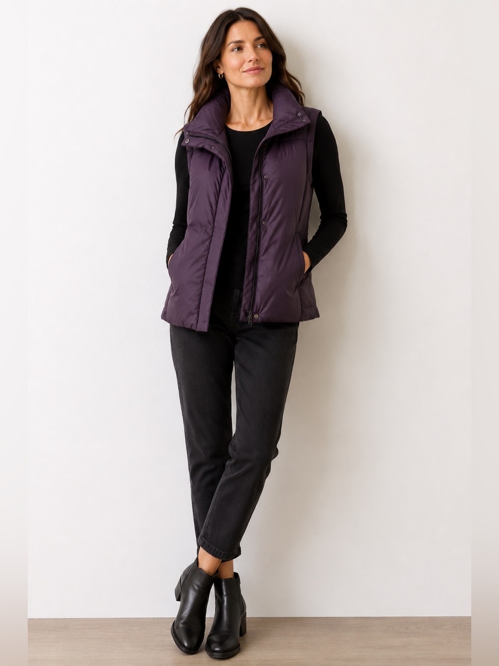 Eileen Fisher Puffer Vest Womens M Eggplant  Down Filled Quilted Full Zip